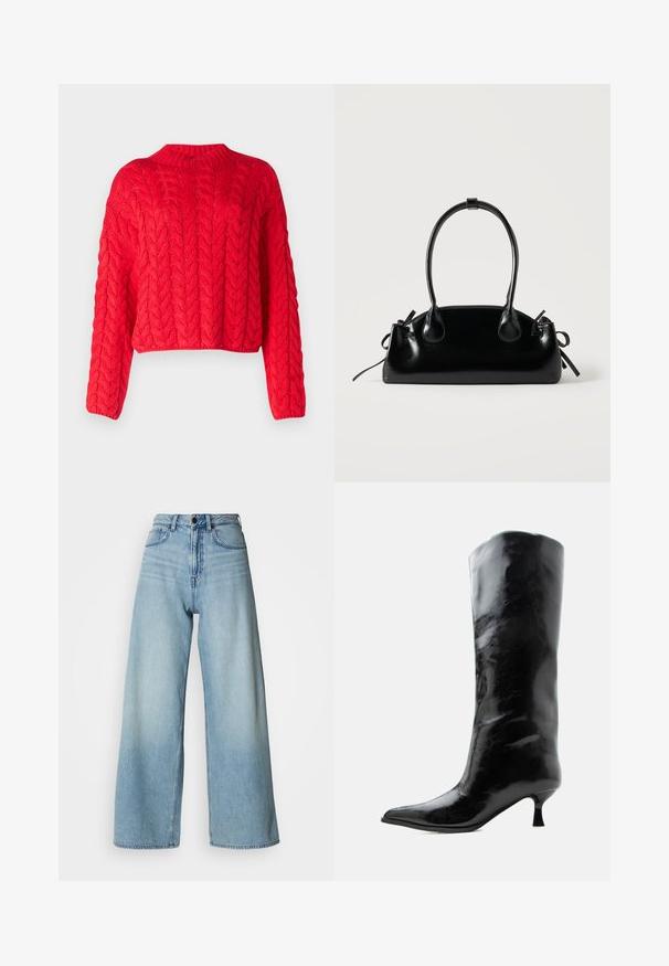 Rode kabelgebreide trui met een hoge halslijn, lange mouwen en een cropped zoom. Dikke textuur met verhoogde, in elkaar grijzende patronen overal.; Lichtblauwe, hooggetailleerde wijde jeans van denim, met een ontwerp van vijf zakken en subtiele vervaging voor textuur.; Zwarte glanzende kniehoge leren laars met puntige neus en lage gebogen hak op een effen lichte achtergrond.; Kleine zwarte glanzende handtas met twee lange hengsels en zijkant trekkoord details op een effen lichte achtergrond.