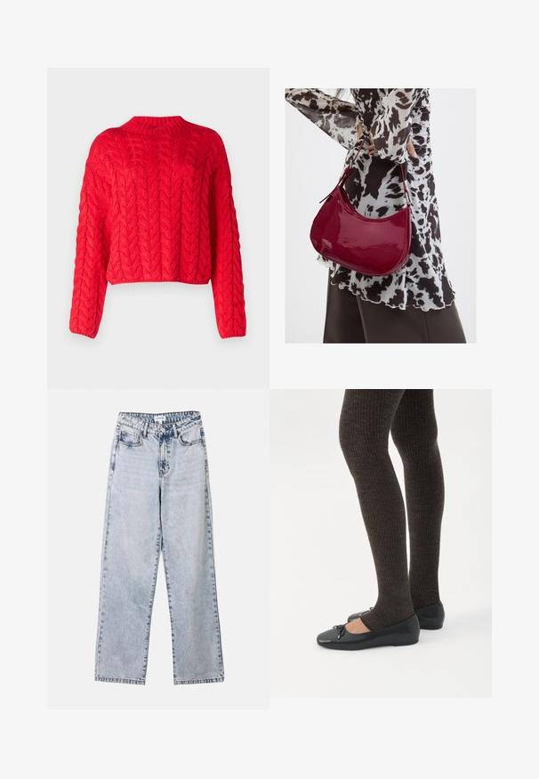 Rød kabelstrikket sweater med høj hals, lange ærmer og cropped kant. Tyk tekstur med hævede, sammenflettede mønstre overalt.; Lysblå lige ben jeans lavet af denim, med to frontlommer, en knaplukning og kontraststing langs sømmene.; Ben iført mørke ribbede leggings kombineret med sorte balletsko med små sløjfedetaljer på hvid baggrund.; Kvinde iført en sort- og hvidmønstret bluse, der holder en blank rød skuldertaske mod en ensfarvet baggrund.