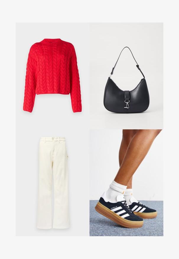Pull rouge en tricot torsadé avec un col haut, des manches longues et un ourlet court. Texture épaisse avec des motifs en relief entrelacés partout.; Good American GOOD 90S CARPENTER - Wide Leg - white denim; Jambes portant des chaussettes blanches et des baskets Adidas Gazelle noires avec des bandes blanches et des semelles épaisses marron sur un sol recouvert de moquette grise.; Pieces PCLIKA SHOULDER BAG - Sac à main - black