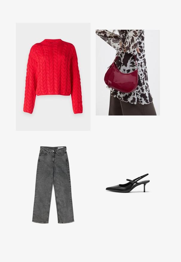 Rode kabelgebreide trui met een hoge halslijn, lange mouwen en een cropped zoom. Dikke textuur met verhoogde, in elkaar grijzende patronen overal.; Hoge taille zwarte gewassen rechte jeans met voorzakken, riemlussen, knoopsluiting en een merklabel aan de binnenkant van de tailleband.; Zwarte leren slingback hakken met een puntige neus, slanke verstelbare band en een ongeveer 5 cm hoge stiletto hak, met een gladde textuur.; Vrouw met een zwart-wit gebloemde blouse houdt een glanzende rode schoudertas vast tegen een effen achtergrond.