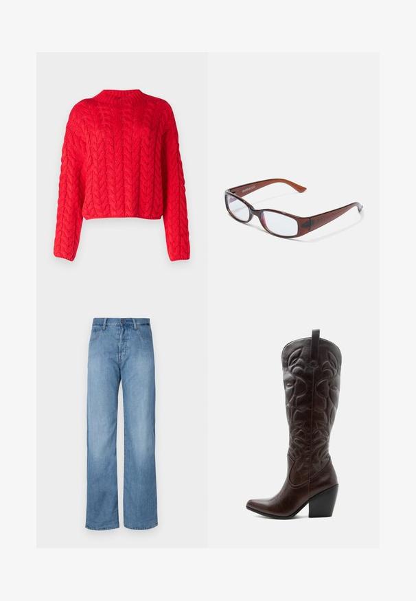 Rød kabelstrikket sweater med høj hals, lange ærmer og cropped kant. Tyk tekstur med hævede, sammenflettede mønstre overalt.; Lyseblå denim brede bukser med et klassisk fem-lomme design, knaplukning og diskrete syninger langs sømmene.; Høj mørkebrun læder cowboystøvle med syede dekorative mønstre, spids tå og stablet blokhæle.; Brune-farvede rektangulære briller med en glat overflade, der har slanke arme og gennemsigtige linser. Logoet er synligt på venstre temple.