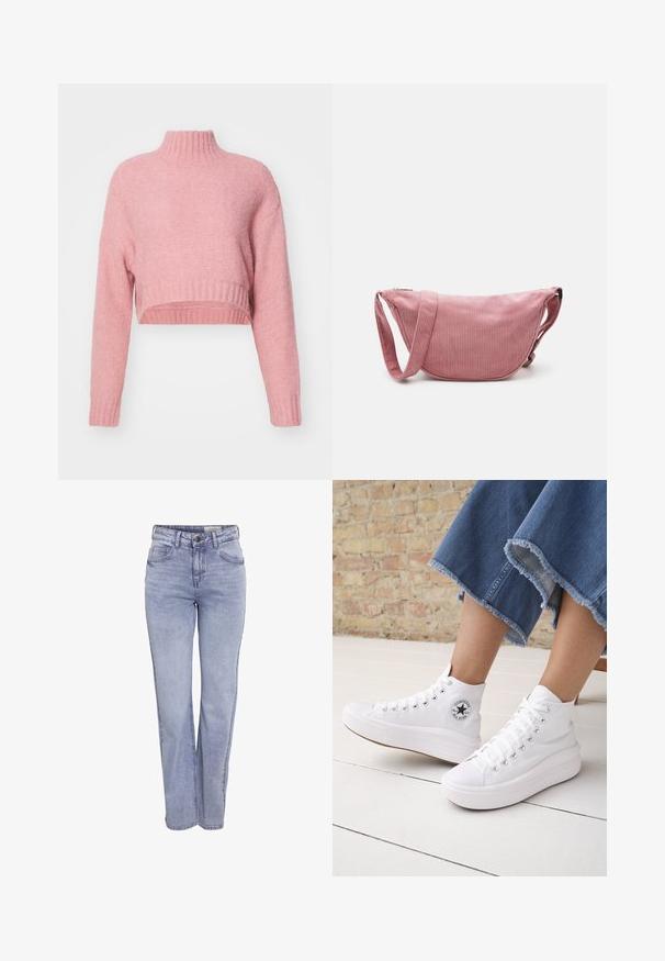 Aware VMMARS HIGH NECK CROPPED - Pullover - desert sand; Jean droit bleu clair en denim, doté d'une fermeture à bouton, de cinq poches et d'une décoloration subtile sur le devant et à l'arrière.; Personne portant des baskets Converse blanches montantes avec des semelles épaisses et un jean bleu court à ourlet effiloché, contre un mur en briques et un sol blanc.; Pieces PCAMANDA BUMBAG - Sac bandoulière - ash rose