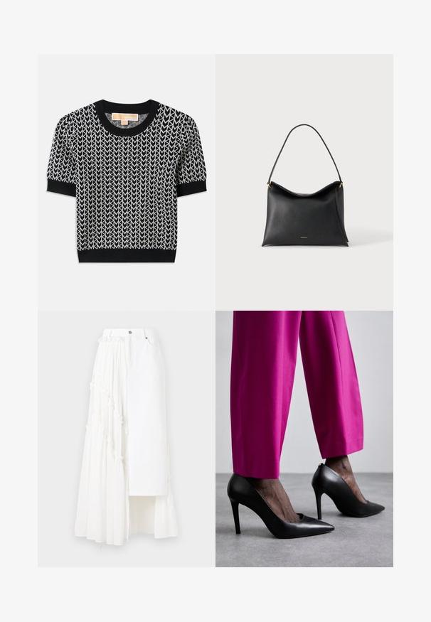 Pull noir à manches courtes avec un motif de flèche tissé en blanc. Col et poignets côtelés, coupe ajustée et texture douce.; Jupe blanche présentant un mélange de textures de tissu, avec un haut ajusté et un bas plissé volumineux, décoré de détails froncés.; Chaussures à talons hauts noires avec un design à bout pointu et une texture en cuir lisse. Associées à des pantalons ajustés rose vif.; Sac à main en cuir noir avec une seule bandoulière et un petit logo de marque doré sur un fond clair uni.