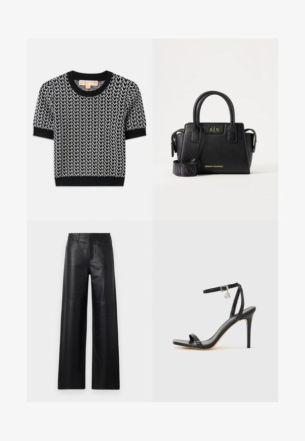 Suéter negro de manga corta con un patrón de flechas tejido en blanco. Cuello y puños acanalados, con una forma ajustada y textura suave.; Pantalones de cuero negro de pierna ancha con una textura suave, que cuentan con bolsillos frontales, cierre de botón y sutiles detalles de costura.; Sandalia de tacón alto negra con una estrecha correa en el tobillo, punta cuadrada, material de cuero liso y detalle de hebilla metálica.; Bolso negro Armani Exchange con asas dobles, logotipo de la marca dorado en el frente y una correa de hombro ancha, negra y ajustable con texto Armani.