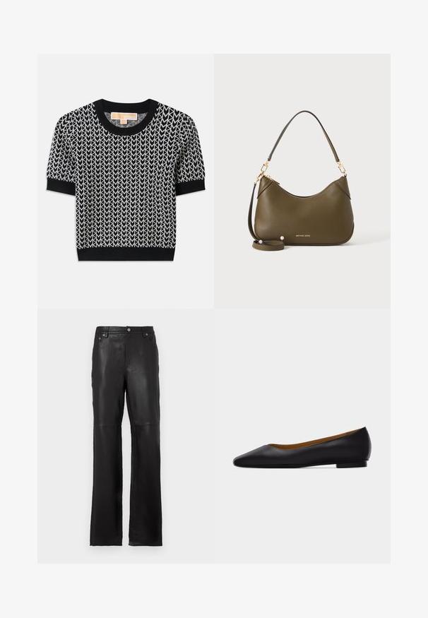 Pull noir à manches courtes avec un motif de flèche tissé en blanc. Col et poignets côtelés, coupe ajustée et texture douce.; Pantalons en cuir noir au design droit, avec poches avant et accents de boutons métalliques. Texture lisse avec des coutures propres.; Chaussure plate en cuir noir à bout pointu avec talon bas et finition lisse, vue de côté sur un fond gris clair.; Sac à main en cuir vert olive avec bandoulières courtes et longues, éléments dorés et logo Michael Kors en doré près de la base sur un fond uni.