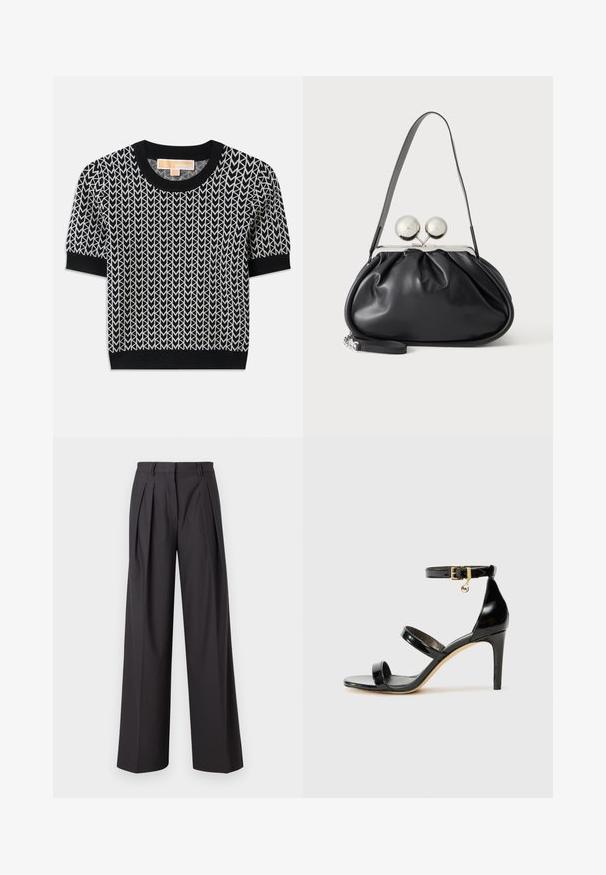 Suéter negro de manga corta con un patrón de flechas tejido en blanco. Cuello y puños acanalados, con una forma ajustada y textura suave.; Pantalones de pierna ancha en tejido gris oscuro, con pliegues frontales, una textura suave, una cintura de tiro medio y presillas para cinturón.; Sandalia de charol negro con tres correas, hebilla en el tobillo y tacón de aguja de 10 cm. Presenta detalles de hardware en oro y un charm con el logo.; Bolso de mano de cuero negro con diseño fruncido, una sola correa, marco metálico plateado y dos cierres grandes redondos de plata.