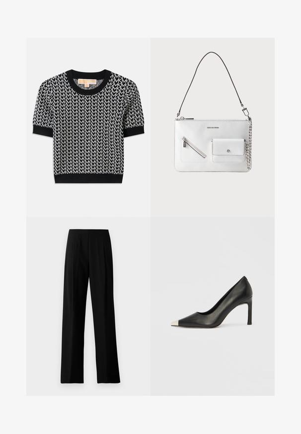 Suéter negro de manga corta con un patrón de flechas tejido en blanco. Cuello y puños acanalados, con una forma ajustada y textura suave.; Pantalones de pierna ancha negros, confeccionados con una tela suave, que presentan una cintura plana y pliegues frontales para un aspecto ajustado. Sin herrajes visibles ni patrones.; Zapato de tacón alto de cuero negro con punta en forma de pico y una tapa metálica plateada. Presenta un acabado suave y un tacón delgado de 10 cm.; Bolso de mano de cuero blanco con correa negra desmontable, bolsillo frontal con cremallera y pequeño bolsillo con cierre plateado y detalle de cadena.