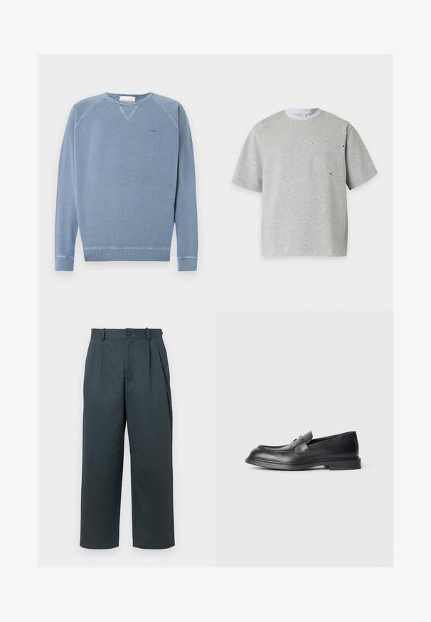 Sweat-shirt à col rond bleu clair avec manches longues, poignets et ourlet côtelés, logo "CLOSED" discret sur le côté gauche de la poitrine.; T-shirt gris clair à manches courtes avec un col rond blanc et une poche poitrine avec des petits œillets métalliques.; Pantalons larges en vert foncé fabriqués en tissu léger et doux. Avec des plis à l'avant, une fermeture à bouton et des passants de ceinture. Design ajusté.; Mocassins en cuir noir avec une finition texturée, dotés d'une bride décorative à l'avant et d'un bout arrondi. Semelle en caoutchouc pour plus de durabilité.