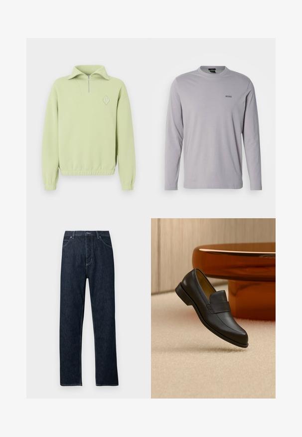Sweatshirt vert clair avec un col zippé à mi-hauteur, texture côtelée, taille élastique et un logo en forme de diamant sur la poitrine.; T-shirt à manches longues en coton gris clair, avec un col rond et un petit logo noir "BOSS" sur la poitrine gauche.; Jean en denim foncé avec une coupe droite, cinq poches, des accents de couture bleue et une fermeture à boutons. Propre, sans motifs visibles.; Mocassin en cuir noir à talon bas flottant au-dessus d'un sol moquetté beige près d'une table ronde marron.