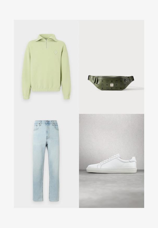 Sweatshirt vert clair avec un col zippé à mi-hauteur, texture côtelée, taille élastique et un logo en forme de diamant sur la poitrine.; Jean en denim bleu clair avec une coupe droite, un design à cinq poches et une fermeture à bouton à la taille. Texture lisse et décoloration subtile.; Sneaker blanche avec une tige en cuir lisse et un profil bas. Présente un bout arrondi, six œillets et une semelle en caoutchouc texturé.; Sac banane en cuir texturé vert olive avec logos noirs, fermeture éclair argentée, doubles tirettes et plaque de marque centrale argentée.
