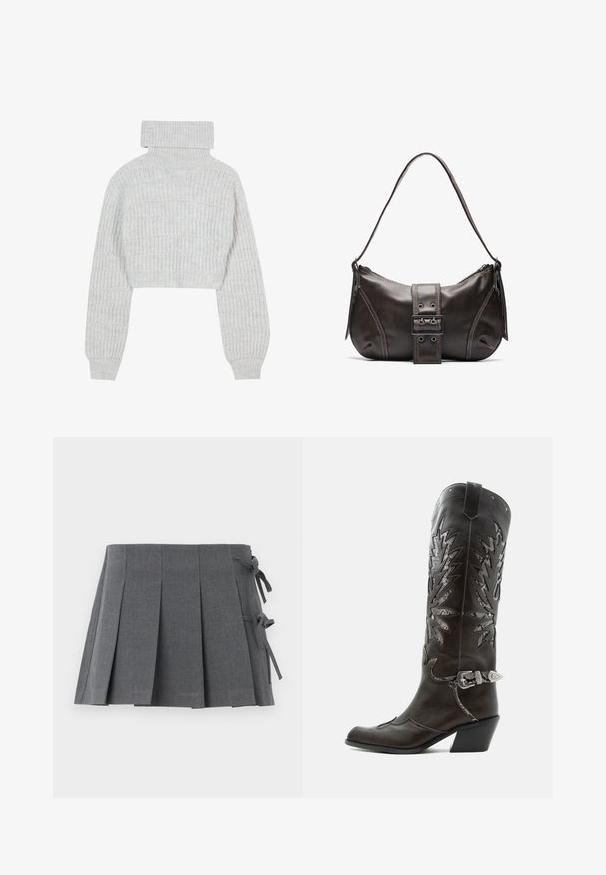 Suéter de punto gris claro, recortado, con cuello alto tipo tortuga, mangas anchas y un patrón ribeteado texturizado. Material suave con un ajuste ligeramente holgado.; Minifalda plisada gris en un tejido texturizado, que presenta un cierre anudado en un lado y una cintura lisa para mayor comodidad.; Bota cowboy de cuero negro con recortes decorativos, hebilla plateada y tacón inclinado, presentada sobre fondo blanco.; Bolso de hombro de cuero marrón con forma curva, que presenta un prominente detalle de hebilla, costuras en contraste y una sola correa para el hombro.
