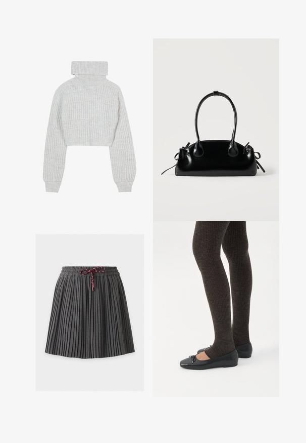 Lys grå, cropped striktrøje med høj turtleneck, brede ærmer og struktureret ribbet mønster. Blødt materiale med en lidt løs pasform.; Mørkegrå plisseret nederdel med elastik i taljen og en bundet vinrød snor foran i midten.; Ben iført mørke ribbede leggings kombineret med sorte balletsko med små sløjfedetaljer på hvid baggrund.; Lille sort blank håndtaske med to lange håndtag og snøre-detaljer i siden på en ensfarvet lys baggrund.