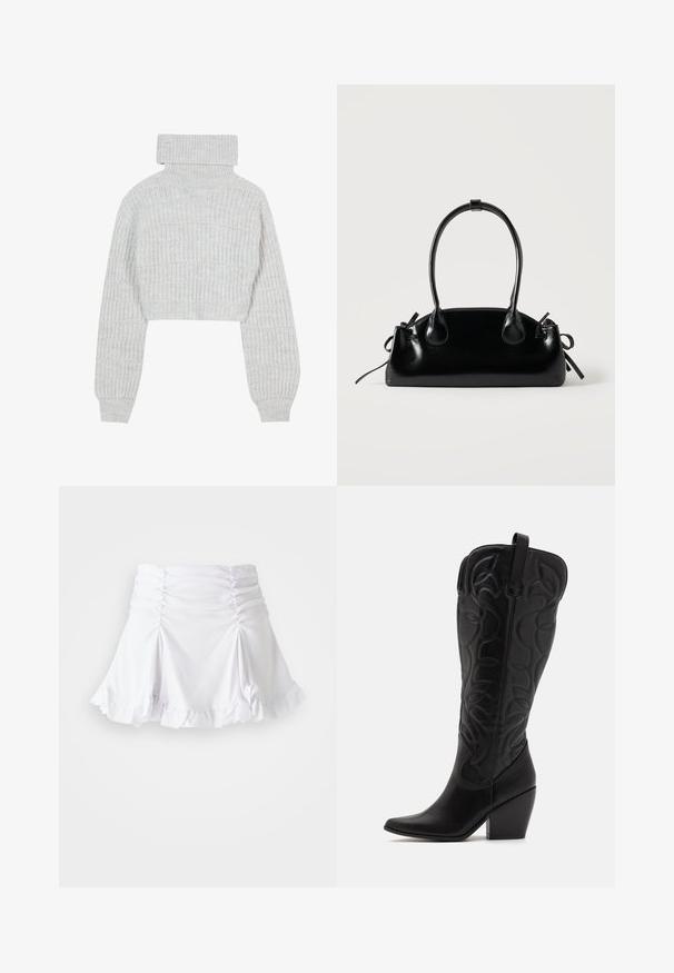 Lys grå, cropped striktrøje med høj turtleneck, brede ærmer og struktureret ribbet mønster. Blødt materiale med en lidt løs pasform.; Hvid nederdel lavet af tekstureret stof med rynkedetaljer og bølger. Har en udvidet design med en tætsiddende talje.; Sorte knæhøje støvler i læder med spids snude og lagdelt hæl. Har dekorative syninger og buede designelementer.; Lille sort blank håndtaske med to lange håndtag og snøre-detaljer i siden på en ensfarvet lys baggrund.