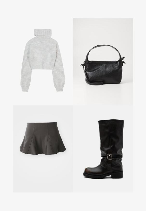 Lys grå, cropped striktrøje med høj turtleneck, brede ærmer og struktureret ribbet mønster. Blødt materiale med en lidt løs pasform.; Sort flared nederdel med en tætsiddende talje, der har lodrette syninger og en glat tekstur. Sømmen er let buet og går lige over midten af låret.; Høj sort læderstøvle med rund tå, lav hæl, sidelukningsrem og let slapt skaft på hvid baggrund.; Sort læderhåndtaske med et struktureret design, rund tophåndtag og aftagelig skulderrem. Den har en glat tekstur og en subtil glans.