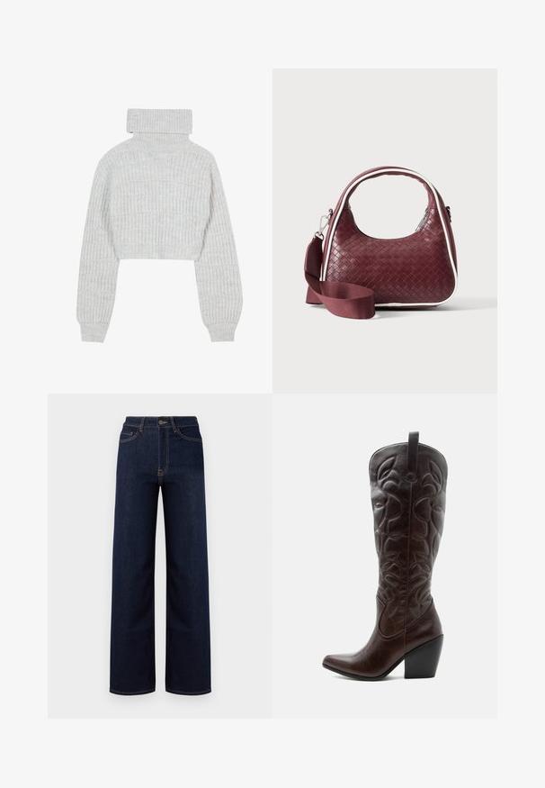Pull en maille cropped gris clair avec un col roulé haut, des manches larges et un motif à côtes texturé. Matériau doux avec une coupe légèrement ample.; Jeans en denim bleu foncé à jambes larges, avec une taille haute, quatre poches et des coutures contrastantes le long des coutures.; Botte de cowboy haute en cuir marron foncé avec motifs décoratifs cousus, bout pointu et talon bloc empilé.; Sac à main en cuir tressé marron foncé avec poignée courbée, garniture blanche, fermeture éclair argentée et bandoulière large en tissu amovible sur fond uni.