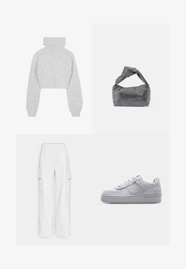 Suéter de punto gris claro, recortado, con cuello alto tipo tortuga, mangas anchas y un patrón ribeteado texturizado. Material suave con un ajuste ligeramente holgado.; Hollister Co. CARGO WIDE LEG - Pantalones deportivos - grey; Zapatilla Nike Air Force 1 gris con puntera perforada, parte superior de cuero suave, suela gruesa y detalle en relieve 'AIR' en el talón.; Bolso de mano negro y plateado con una superficie texturizada que presenta un patrón de diamante, un asa anudada y una forma estructurada.
