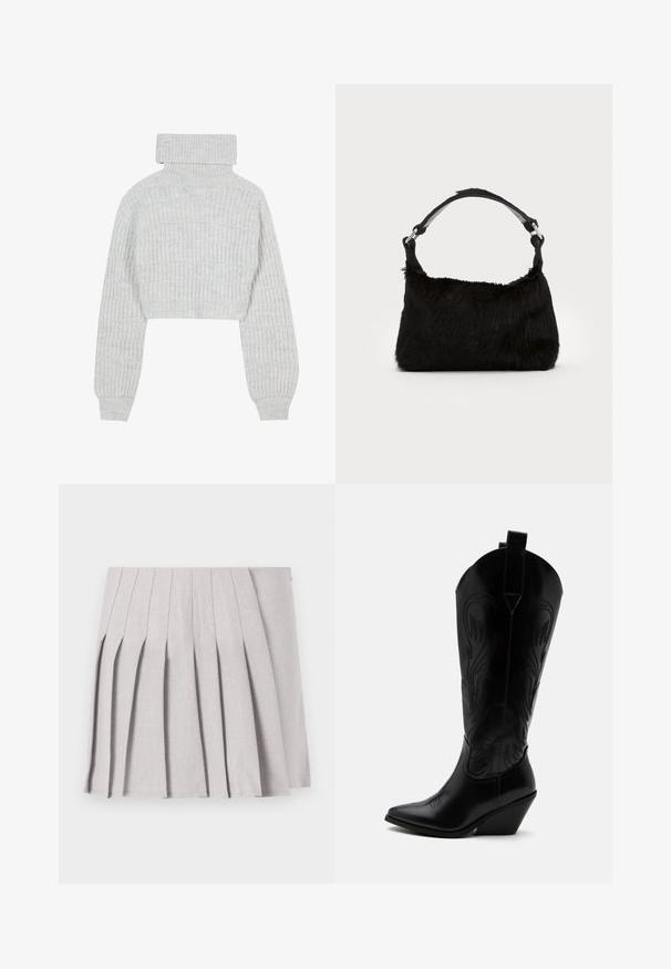 Pull en maille cropped gris clair avec un col roulé haut, des manches larges et un motif à côtes texturé. Matériau doux avec une coupe légèrement ample.; Jupe plissée grise au toucher lisse, dotée de multiples plis verticaux et d'une taille ajustée. Fabriquée en tissu léger.; Botte de cowboy en cuir noir avec bout pointu, talon bloc incliné, couture décorative et languettes en haut sur fond blanc.; Sac à main en fausse fourrure noire avec une texture douce, une forme arrondie et une bandoulière en cuir noir robuste. Accent en métal argenté visible.