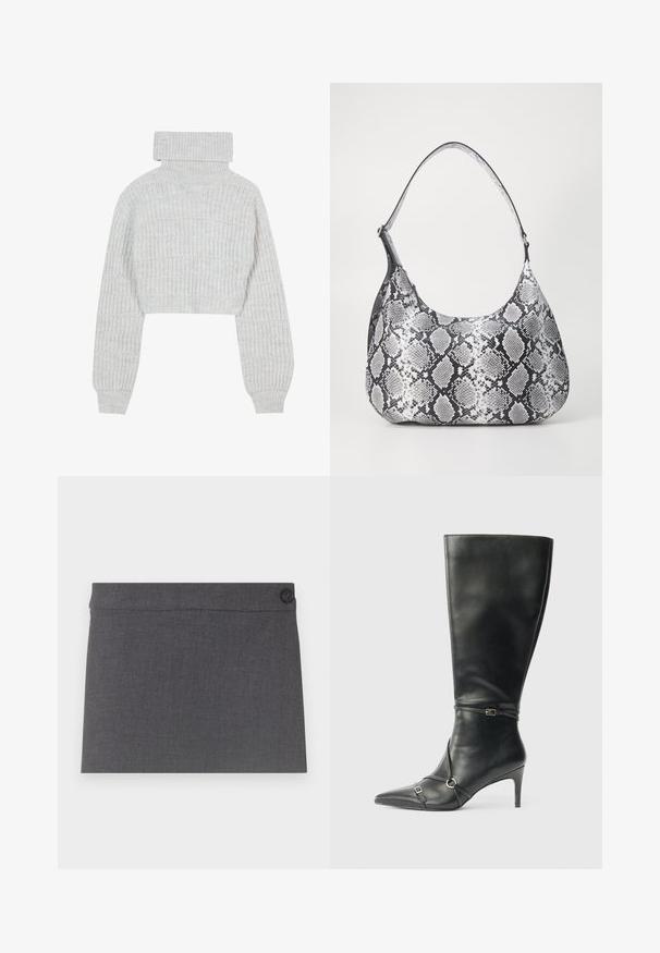 Suéter de punto gris claro, recortado, con cuello alto tipo tortuga, mangas anchas y un patrón ribeteado texturizado. Material suave con un ajuste ligeramente holgado.; Falda de tela gris con una textura suave, diseño recto y un solo botón negro en la cinturilla, con una estética limpia y simple.; Botas negras de cuero hasta la rodilla con tacón delgado, punta afilada y detalles de diseño con correas en el tobillo. Textura suave y diseño ajustado.; Bolso de hombro con estampado de serpiente en blanco y negro, de forma redondeada, textura suave y correa curvada. Presenta un acento de hardware plateado.