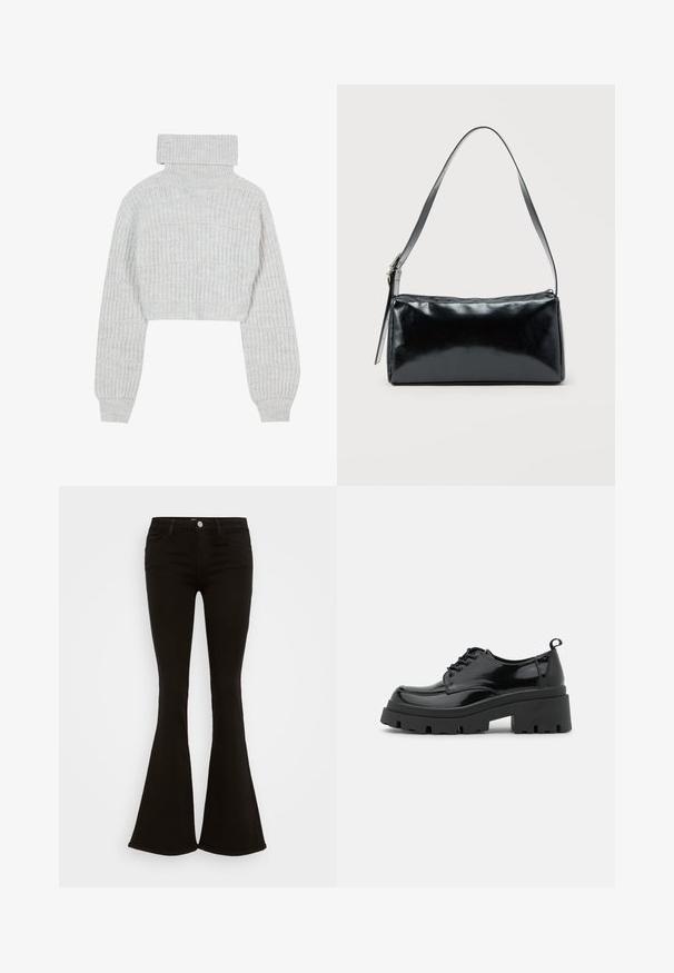 Suéter de punto gris claro, recortado, con cuello alto tipo tortuga, mangas anchas y un patrón ribeteado texturizado. Material suave con un ajuste ligeramente holgado.; Jeans de campana negros de talle alto con botón frontal, presillas para cinturón y cinco bolsillos, exhibidos sobre un fondo blanco.; Zapatos de charol negros con una suela de plataforma gruesa y cordones gruesos. Punta redondeada, detalles mínimos y una pequeña lengüeta en la parte trasera.; Bolso de hombro rectangular negro con una correa ajustable y un cierre de cremallera superior sobre un fondo liso.