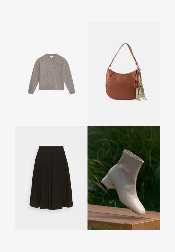Pull à col en V gris clair, fabriqué en mélange de laine douce. Il présente des manches longues et des bords côtelés au niveau des poignets et de l'ourlet, avec une coupe décontractée.; Jupe plissée noire avec une large ceinture élastique. Fabriquée dans un tissu doux, elle présente un ourlet à mi-genoux et une texture lisse.; Bottine en cuir beige à talon bloc reposant sur une surface en bois, arrière-plan en herbe verte, vue de côté, éclairage naturel doux.; Sac hobo en cuir texturé marron avec une forme incurvée, des accents dorés et une écharpe décorative à motif floral attachée à la poignée.