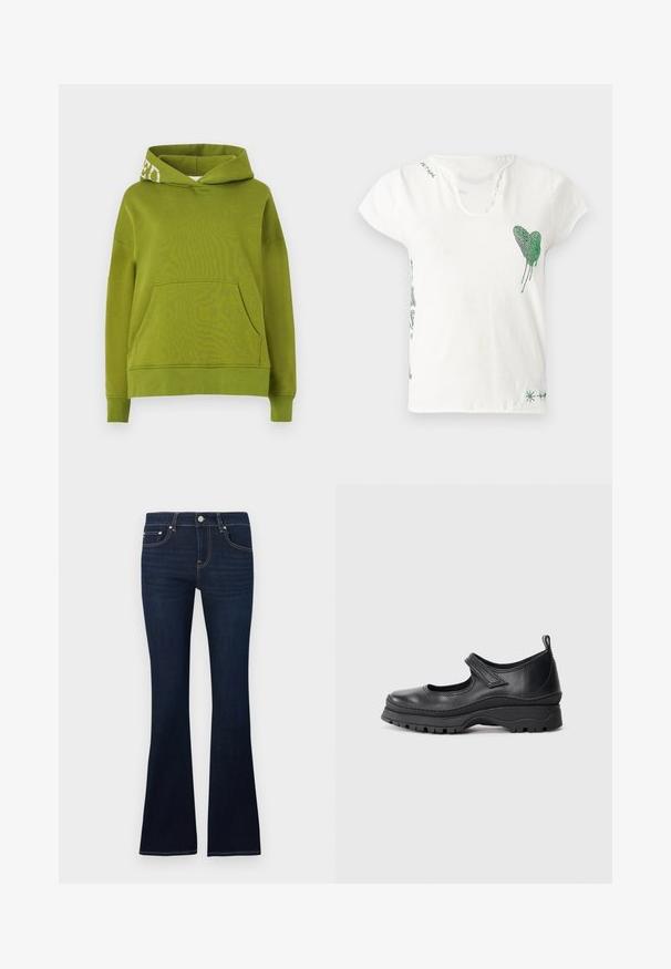 Sudadera con capucha verde hecha de un tejido suave, que presenta un bolsillo frontal y un detalle de letras blancas en el borde de la capucha. Corte relajado.; Camiseta blanca de algodón con escote redondo, mangas cortas y diseño de corazón de cristal verde en el pecho izquierdo. Presenta detalles decorativos en verde.; Jeans acampanados de mezclilla azul oscuro con cintura ajustada, costuras visibles, cierre frontal con botón y bolsillos clásicos delanteros y traseros.; Zapato Mary Jane de cuero negro con punta redonda, cinta de Velcro y suela de goma con un diseño texturizado para mayor tracción.