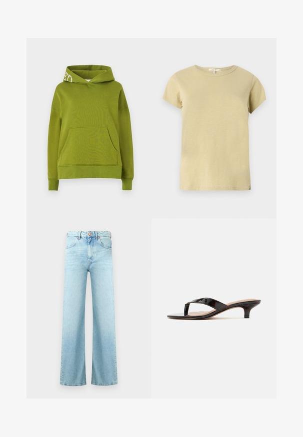 Grüner Kapuzenpullover aus weichem Stoff, mit einer Fronttasche und weißen Schriftzügen am Rand der Kapuze. Lässiger Schnitt.; Schlichtes hellbeiges T-Shirt aus Baumwolle mit kurzen Ärmeln und rundem Halsausschnitt, mit einem kleinen Stoffetikett am unteren Saum auf der rechten Seite.; Hellblaue Jeans aus Denim mit hoher Taille, Knopfverschluss, Fronttaschen und weiten, geraden Beinen.; Glänzende dunkle Schildpatt-Kitten-Heel-Sandale mit Zehenstegriemen und kleinem gebogenem Absatz auf einfarbigem Hintergrund.