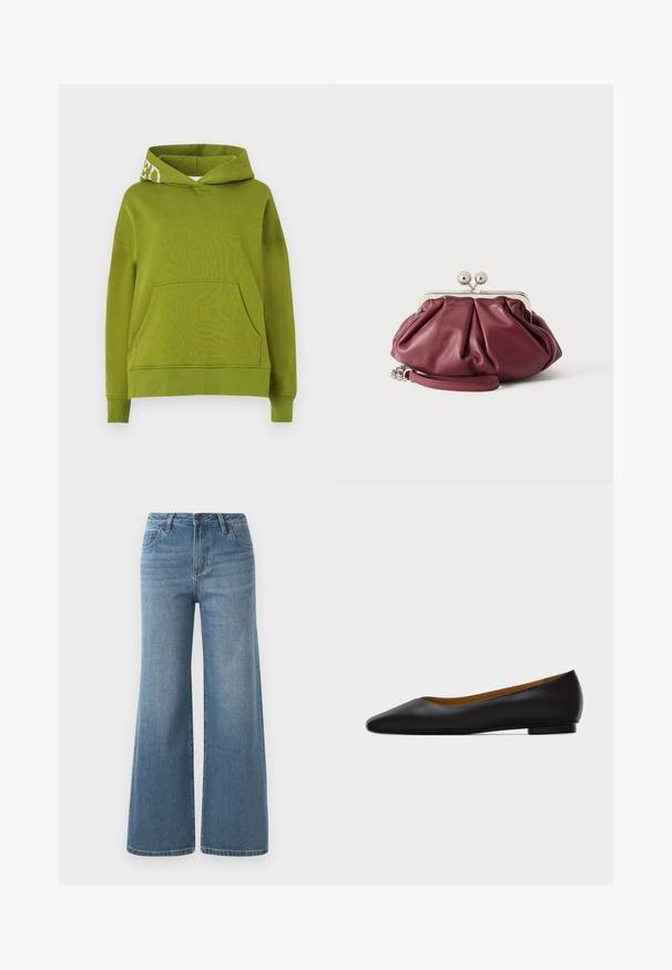 Groene hoodie gemaakt van zachte stof, met een voorzak en witte letters op de rand van de capuchon. Relaxte pasvorm.; Lichtblauwe wijde denim jeans met hoge taille, knoop- en ritssluiting en voorzakken.; Zwarte leren puntschoen met lage hak en gladde afwerking, zijaanzicht op een lichtgrijze achtergrond.; Kleine bordeauxrode leren clutch met zilveren metalen gesp en polsriem op een witte achtergrond.