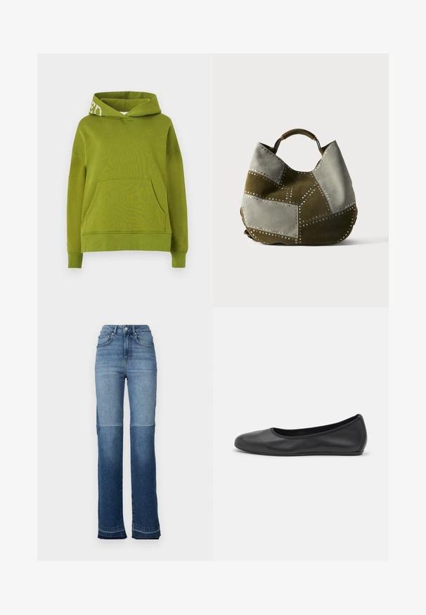 Grüner Kapuzenpullover aus weichem Stoff, mit einer Fronttasche und weißen Schriftzügen am Rand der Kapuze. Lässiger Schnitt.; Hochtaillierte Denim-Jeans mit einem Farbverlauf von hellblau zu dunkelblau, geradem Bein und fransigen Säumen an den Knöcheln.; Schwarze Leder-Ballettschuhe mit abgerundeter Spitze, glatter Textur, minimalen Nähdetails und einem flexiblen Sohlen-Design.; Hobo-Tasche mit Patchwork-Design in Oliv- und hellgrauem Veloursleder, verziert mit runden Metallnieten und einem kurzen oberen Griff.