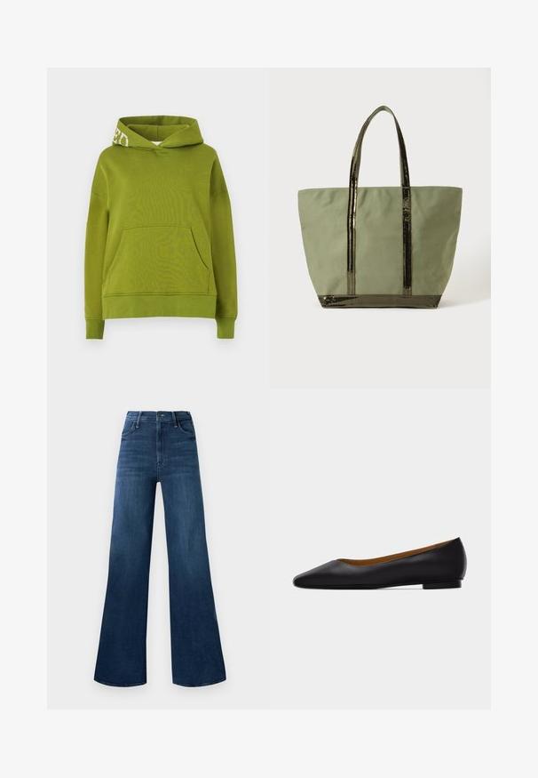 Sudadera con capucha verde hecha de un tejido suave, que presenta un bolsillo frontal y un detalle de letras blancas en el borde de la capucha. Corte relajado.; Jeans de mezclilla oscuros de tiro alto con perneras anchas, bolsillos frontales, trabillas para cinturón y cierre de botón.; Zapato plano de punta puntiaguda de cuero negro con tacón bajo y acabado liso, mostrado de perfil sobre un fondo gris claro.; Bolso tote grande de color verde oliva con dos asas largas y ribete de lentejuelas oscuras y brillantes en las asas y el borde inferior, sobre un fondo liso.