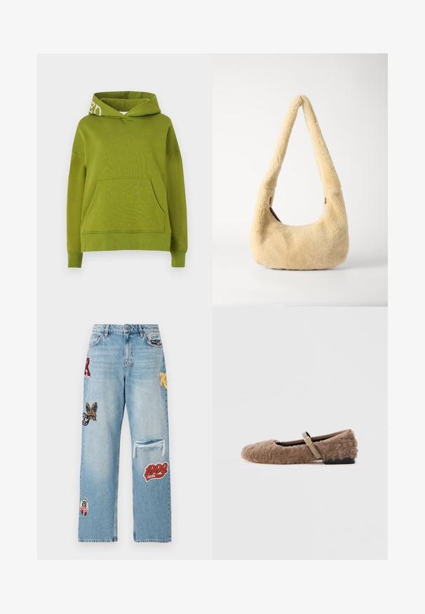 Grøn hættetrøje lavet af blødt stof, med en frontlomme og hvidt tekstdetalje på hættens kant. Loose fit.; Lys blå denim jeans med forskellige lapper, et slidt knæ og en bred benpasform. Bemærkelsesværdige farver inkluderer rød, gul og sort.; Brun, fuzzy flad sko med en Mary Jane rem og detalje med guldspænde. Blød tekstur, firkantet tå og lav blokhælfod. Glat indvendig foring.; Beige shearling skuldertaske med et buet håndtag og en afrundet form. Teksturen er blød og fyldig, med minimale hardware-details.