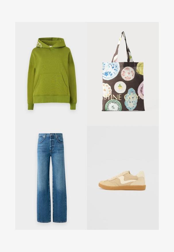 Sweatshirt à capuche vert en tissu doux, avec une poche avant et des détails en lettres blanches sur le bord de la capuche. Coupe décontractée.; Jean ample en denim bleu clair. Doté d'un bouton à l'ouverture, de passants de ceinture et de coutures contrastées. Le tissu présente un effet délavé.; Sneaker beige avec des matériaux en daim et en maille, forme arrondie, col rembourré proéminent et semelle en caoutchouc gomme. Présente un accent de design en forme de vague.; Sac fourre-tout marron avec des motifs d'assiettes vintage colorées et un texte jaune vif partiel, doté de doubles anses en tissu.