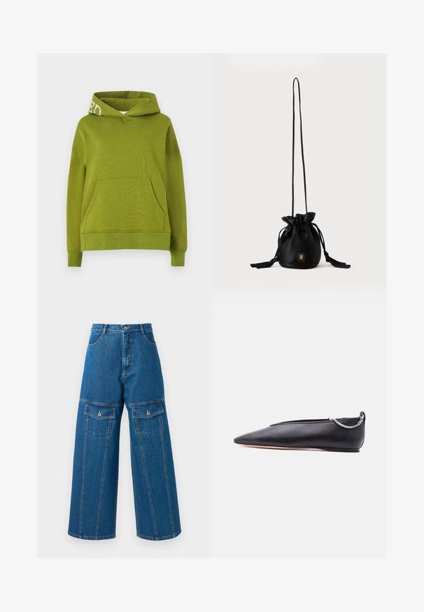 Sudadera con capucha verde hecha de un tejido suave, que presenta un bolsillo frontal y un detalle de letras blancas en el borde de la capucha. Corte relajado.; Pantalones de mezclilla de pierna ancha en azul claro, con una cintura alta, costuras visibles y dos bolsillos con tapa y botón a cada lado.; Zapato plano de cuero negro con punta, tacón bajo y detalle de cadena plateada en la parte trasera sobre un fondo liso.; Bolso tipo bucket negro con cordón, con una correa larga y delgada y un pequeño logo cuadrado dorado en la parte delantera, mostrado sobre un fondo liso.