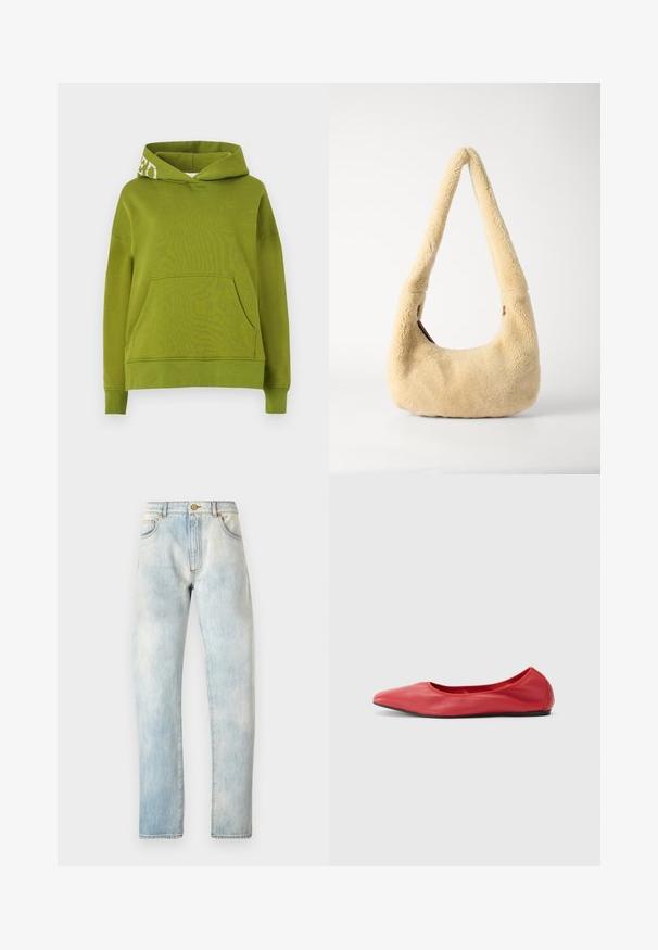 Grüner Kapuzenpullover aus weichem Stoff, mit einer Fronttasche und weißen Schriftzügen am Rand der Kapuze. Lässiger Schnitt.; Hellblaue Denim-Jeans mit geradem Schnitt, fünf Taschen und Knopfverschluss. Ausgewaschene Textur im gesamten Stoff, mit detaillierten Nähten an den Säumen.; Filippa K REY FLATS - Klassischer Ballerina - bright red; Beige Shearling Schultertasche mit einem gebogenen Griff und einer runden Form. Die Textur ist weich und plüschig, mit minimalen Hardware-Akzenten.