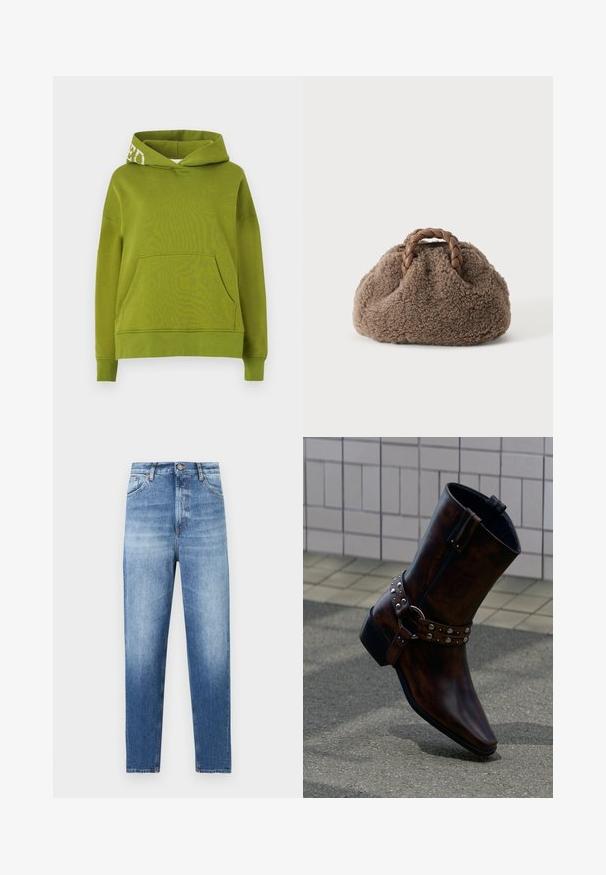 Sudadera con capucha verde hecha de un tejido suave, que presenta un bolsillo frontal y un detalle de letras blancas en el borde de la capucha. Corte relajado.; Pantalones vaqueros azules de talle alto con lavado desteñido, cierre frontal con botón y cremallera, y diseño clásico de cinco bolsillos.; Botín de cuero marrón oscuro con tachuelas plateadas y detalle de correa, mostrado frente a una pared de azulejos y un suelo de hormigón.; Pequeño bolso marrón peludo con asas de cuero trenzado sobre un fondo liso y claro.
