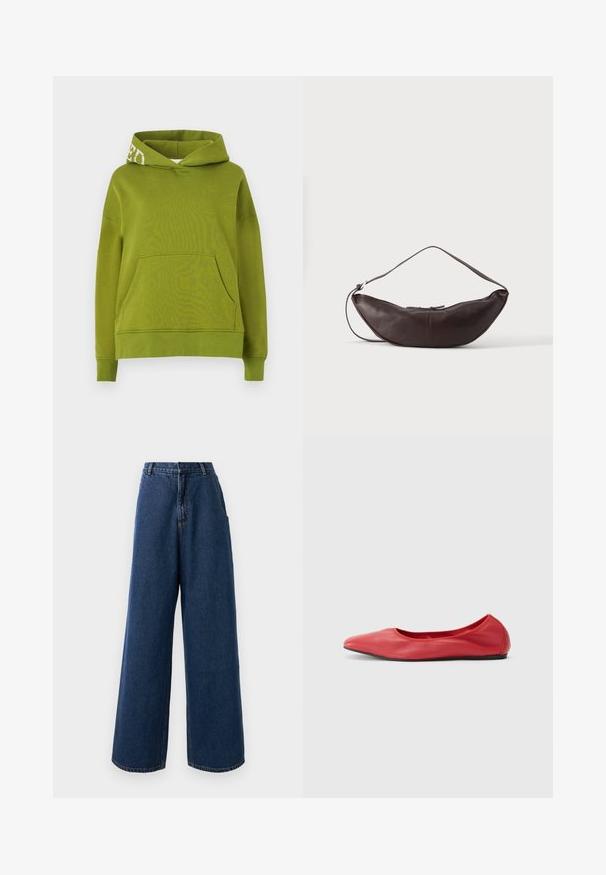Sudadera con capucha verde hecha de un tejido suave, que presenta un bolsillo frontal y un detalle de letras blancas en el borde de la capucha. Corte relajado.; Jeans de tiro alto y pierna ancha en denim azul oscuro con cierre frontal de botón y cremallera, trabillas para cinturón y bolsillos laterales.; Filippa K REY FLATS - Bailarinas - bright red; Bolso de hombro de cuero marrón oscuro en forma de media luna con una correa curva y costuras visibles sobre un fondo liso.
