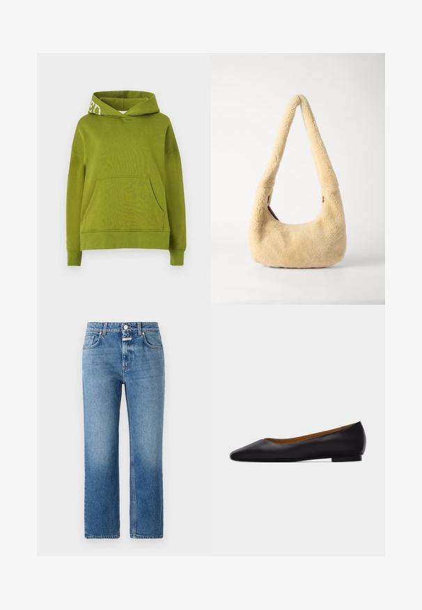 Sudadera con capucha verde hecha de un tejido suave, que presenta un bolsillo frontal y un detalle de letras blancas en el borde de la capucha. Corte relajado.; CLOSED MILO - Vaqueros rectos - mid blue; Zapato plano de punta puntiaguda de cuero negro con tacón bajo y acabado liso, mostrado de perfil sobre un fondo gris claro.; Bolso de hombro de piel de oveja beige con un asa curva y una forma redondeada. La textura es suave y esponjosa, con acentos de hardware mínimos.