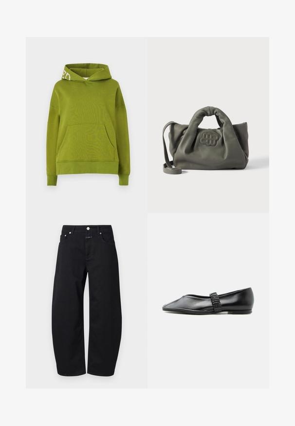 Sweatshirt à capuche vert en tissu doux, avec une poche avant et des détails en lettres blanches sur le bord de la capuche. Coupe décontractée.; CLOSED JAZZIE - Jean boyfriend - black; Chaussure plate en cuir noir avec une bride froncée sur le dessus et un bout légèrement pointu, présentée sur un fond uni.; Sac à main en cuir vert au design doux et froissé, avec un logo cousu, une courte anse et une bandoulière amovible.