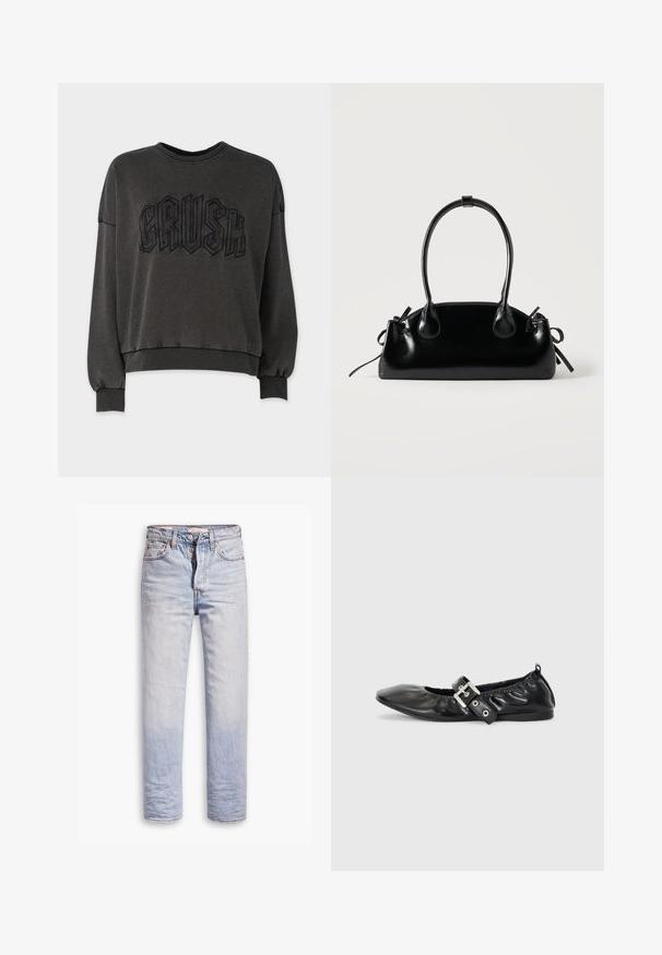 Dunkelgrauer Sweatshirt mit einem gekürzten Design, das ein erhabenes schwarzes "CRUSH"-Grafikmotiv auf der Vorderseite, Rippbündchen und einen gerippten Kragen aufweist.; Helle blaue Denim-Jeans mit geradem Bein, ausgestattet mit einem Knopfverschluss, fünf Taschen und dezenten Ausbleichungen entlang der Beine.; Schwarze Leder-Ballerinas mit spitzem Zehenbereich, gerafften Details am Schaft und einem silbernen Schnallenakzent am verstellbaren Riemen.; Kleine schwarze glänzende Handtasche mit zwei langen Griffen und seitlichen Kordelzug-Details vor einfachem hellem Hintergrund.