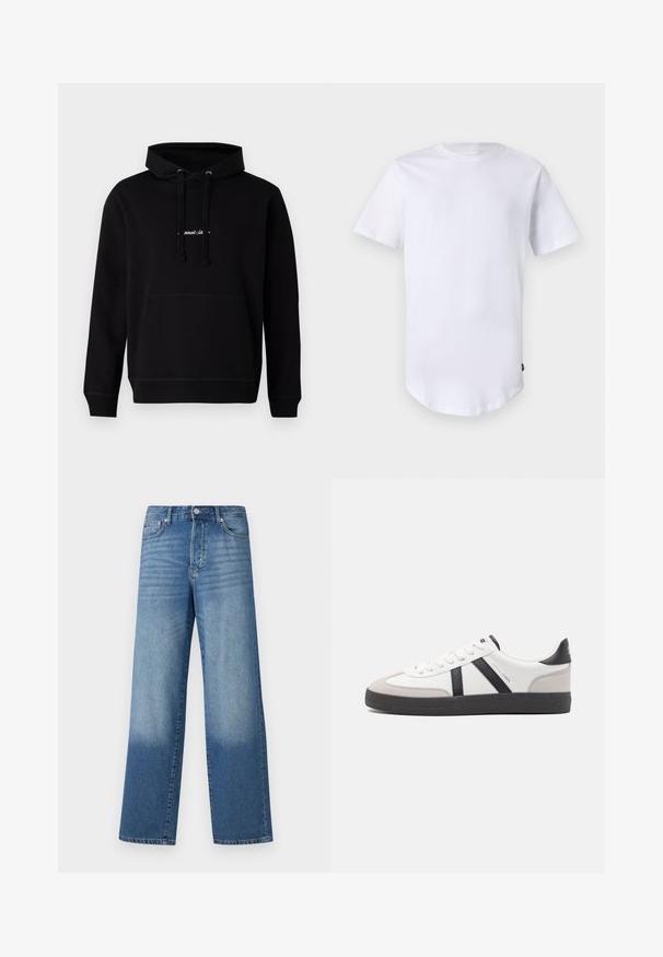 Sort hoodie lavet af bomuld med en frontlomme, hætte med snoretræk og et lille broderet logo på brystet. Klassisk pasform med ribbede manchetter.; Hvid kortærmet t-shirt lavet af bomuld. Rund halsudskæring med en buet kant. Etiket synlig på nederste venstre side. Glat tekstur.; Blå højtaljede strækte jeans med falmede områder på lårerne og mørkere skygger nær kanten, synlig frontknap og lommer.; Hvide sneakers med sorte og grå detaljer, med en tekstureret grå tåhætte, sort gummisål og flade hvide snørebånd. Rent design, minimalistisk stil.