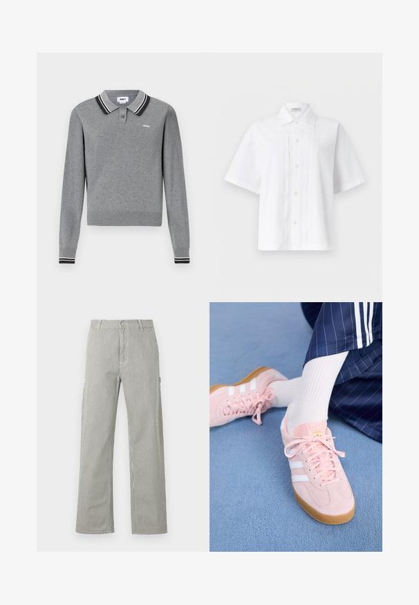 Polo gris à manches longues avec col et poignets rayés noir et blanc, deux boutons et petit logo "obey" sur la poitrine.; Chemise blanche à manches courtes avec col et plis verticaux sur le devant, présentée sur un fond clair uni.; Pantalon droit pour homme avec fines rayures verticales noires et blanches, fermeture boutonnée, passants pour ceinture et poches latérales.; Des sneakers en daim rose clair avec des rayures et des lacets blancs, dotés d'une languette texturée et d'une semelle en gomme, posées sur un tapis bleu.