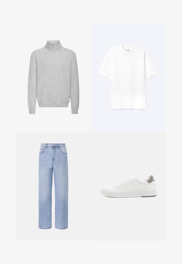 Sweat-shirt gris clair à manches longues avec un col montant, une fermeture éclair devant sur la moitié, des poignets et un ourlet côtelés.; T-shirt blanc uni à manches courtes et col rond avec une coupe décontractée, présenté sur un fond clair.; Jean en denim bleu clair avec une coupe décontractée et des jambes larges. Les caractéristiques incluent cinq poches, une fermeture à bouton à l'avant et une décoloration subtile.; Basket blanche en cuir lisse, à bout arrondi, design minimaliste, accent de talon gris et semelle en caoutchouc texturé.