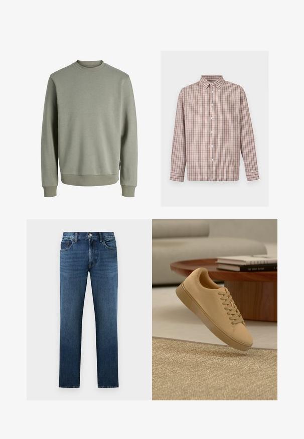 Sweatshirt vert olive à manches longues avec col rond, poignets et ourlet côtelés, design uni, présenté sur fond blanc.; Chemise à manches longues boutonnée avec motif à carreaux marron, blanc et beige et col classique.; Jean en denim bleu foncé à coupe droite avec fermeture à bouton et fermeture éclair à l'avant, poches avant et arrière, présenté sur fond blanc.; Baskets beiges à lacets flottant au-dessus d'un tapis texturé avec une table basse en bois et des livres empilés en arrière-plan flou.