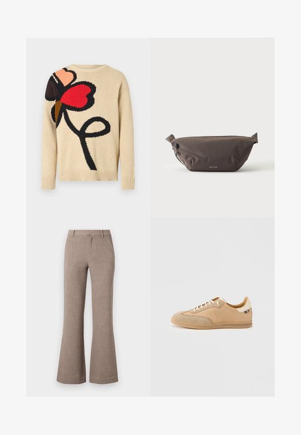Pull beige en tricot avec un grand motif floral en rouge, rose et noir. Il présente un col rond ainsi que des poignets et un ourlet côtelés.; Pantalons évasés beiges en tissu texturé, avec fermeture éclair et poches latérales pour plus de fonctionnalité. Design ajusté.; Baskets en daim beige avec des détails perforés, des lacets crème et une semelle texturée marron clair, avec un accent de couleur contrastante au talon.; Sac banane en tissu marron foncé avec poche zippée en diagonale et petit logo blanc sur le devant, sur un fond clair uni.