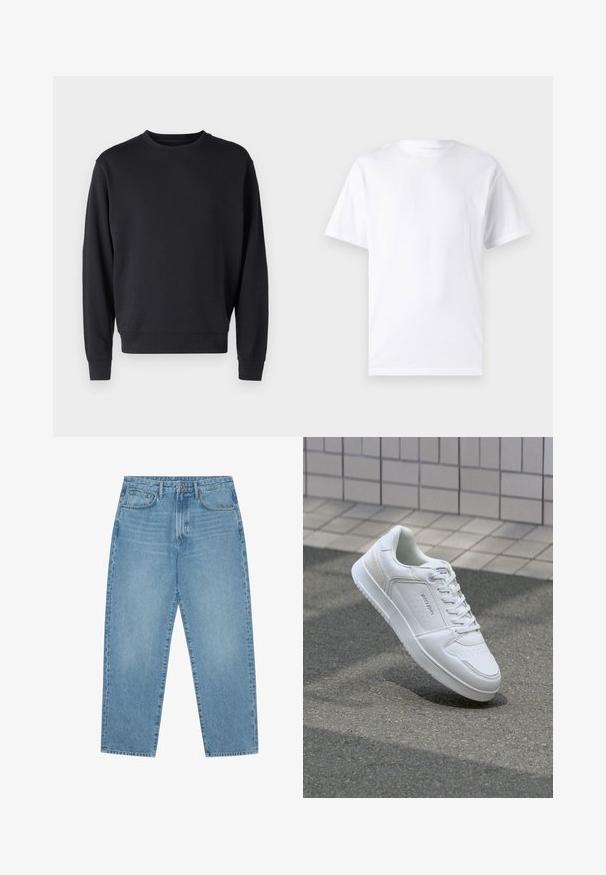Sort sweatshirt lavet af en bomuldsblanding med rund hals, lange ærmer og ribstrikkede manchetter og kant. Glat tekstur, minimalistisk design.; Hvid kortærmet t-shirt lavet af bomuld med rund hals, der har en glat tekstur og et simpelt design uden mønstre eller accenter.; Lyseblå denimjeans med lige ben, fem-lomme design og en let falmet struktur. Indeholder knap- og lynlåslukning.; Hvide sneakers med glat læderoverdel, perforeret tå for åndbarhed og tekstureret sidepanel. Letvægts gummisål. Snørebåndsdesign.