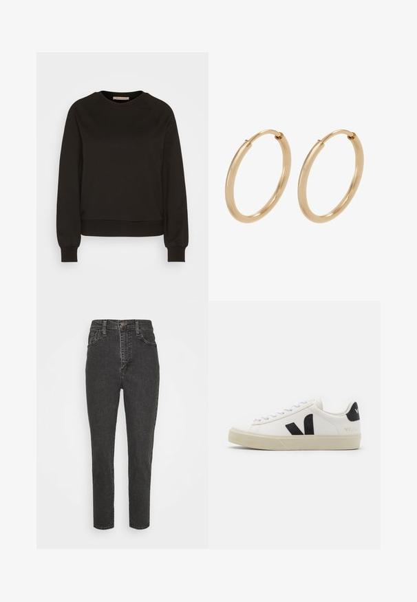 Schwarzer Sweatshirt mit Rundhalsausschnitt, langen Raglanärmeln, elastischen Bündchen und tailliertem Saum. Hergestellt aus weichem Material, minimalistisches Design.; Schwarze, hoch geschnittene Denim-Jeans mit Slim Fit, versehen mit einem Knopfverschluss, Gürtelschlaufen und klassischem Fünf-Taschen-Design.; Weißes Leder-Sneaker mit schwarzem Gummi-V-Logo. Strukturierte cremefarbene Sohle, weiße Schnürsenkel und Fersendetail in Schwarz mit dem Markennamen.; Goldene Creolen mit einer glatten, polierten Oberfläche. Abgerundete Form, mittlere Größe, ausgestattet mit einem sicheren Verschlussmechanismus.