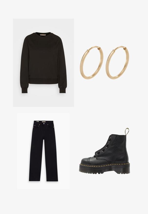 Zwarte sweatshirt met een ronde halslijn, lange raglanmouwen, elastische manchetten en een aansluitende zoom. Gemaakt van zachte stof, minimalistisch ontwerp.; Zwarte denim jeans met een recht model, vijf zakken, koperen hardware en een gladde textuur. Twee labels zichtbaar op de tailleband.; Zwarte leren enkelboot met een gestructureerd oppervlak, ronde neus, vetersluiting, gele stiksels en een dikke, geribbelde zwarte plateauzool.; Gouden creolen met een gladde, gepolijste afwerking. Ronde vorm, middelgrote maat, met een veilige sluitmechanisme.