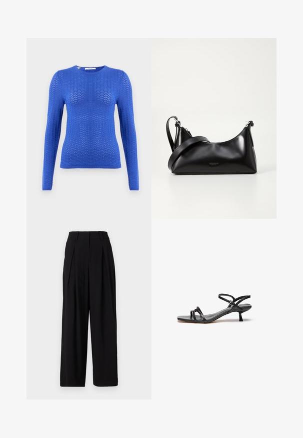 Sininen neulottu pitkähihainen neuletakki, jossa on tekstuurikuvio, pyöreä pääntie ja ribbaushelma, omaa slim fit -muotoilun.; Musta leveälahkeinen housut, jotka on valmistettu sileästä kankaasta, korkealla vyötäröllä, edessä on poimutuksia ja virtaava siluetti.; Musta nahkasandaali, jossa on tyylikäs ja minimalistischinen muotoilu. Siinä on kaksi ohutta remmiä ja pieni, vinosti oleva korko. Pinta on sileä ja varvas on avoin.; Mustat nahkakäsilaukku, jossa on sileä pinta. Varustettu säädettävällä hihnalla ja tyylikkäällä, minimalistisella muotoilulla, jossa on vetoketjukiinnitys.