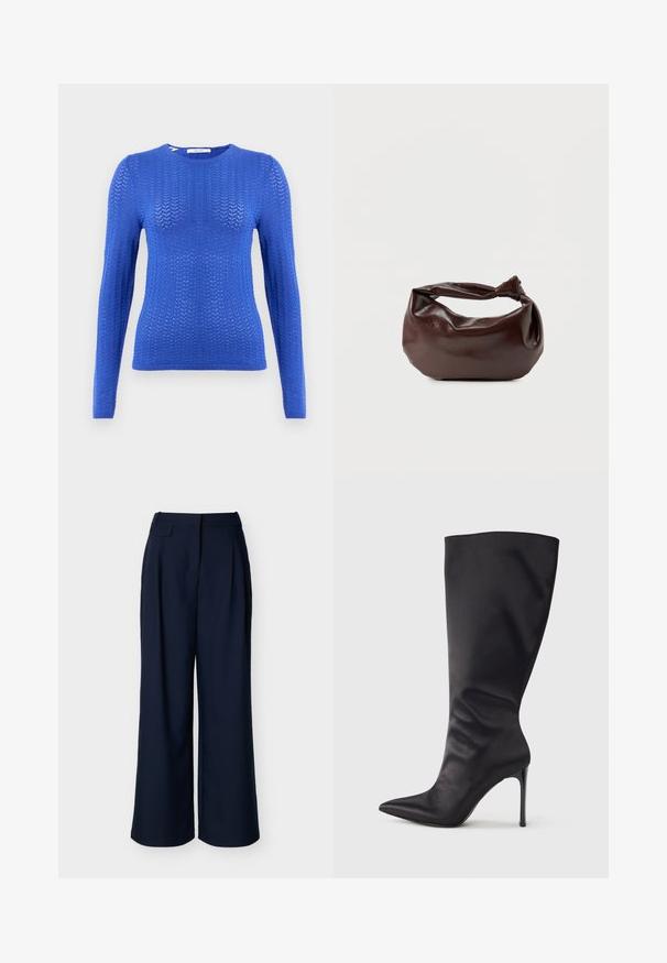 Sininen neulottu pitkähihainen neuletakki, jossa on tekstuurikuvio, pyöreä pääntie ja ribbaushelma, omaa slim fit -muotoilun.; Laivastonsiniset leveälahkeiset housut, joissa on korkea vyötärö ja etuviirut, esiteltynä yksinkertaista valkoista taustaa vasten.; Musta polven korkuinen piikkikorkokenkä, valmistettu sileästä ja kiiltävästä materiaalista; terävä kärki; tiukka istuvuus ja hienovarainen rypytys nilkan kohdalla; kiiltävä korko.; Tummanruskea nahkainen olkalaukku, jossa on pehmeä, rento muoto ja kiertynyt solmukahva valkoisella taustalla.