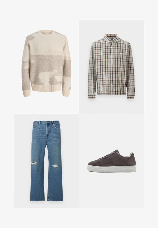 Jersey de lana con patrón en crema y gris claro, de manga larga, cuello redondo, puños y dobladillo acanalados, con etiqueta Jack & Jones.; Camisa de manga larga abotonada con patrón de cuadros en verde, beige y azul marino, y un bolsillo en el pecho, sobre un fondo liso.; Vaqueros de mezclilla azul claro con un ajuste relajado, que presentan parches desgastados en las rodillas, diseño de cinco bolsillos y corte recto en las piernas.; Zapatilla de ante gris con suela de goma blanca, puntera redonda, cierre plano con cordones y diseño minimalista.