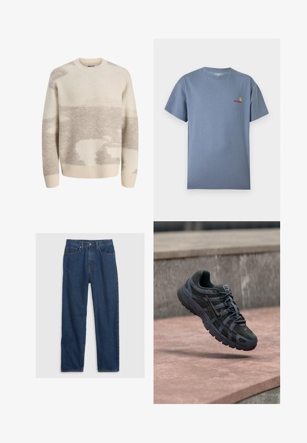 Jersey de lana con patrón en crema y gris claro, de manga larga, cuello redondo, puños y dobladillo acanalados, con etiqueta Jack & Jones.; Camiseta sólida azul pizarra de manga corta con logo pequeño de Carhartt en rojo y amarillo en el pecho izquierdo.; Jeans de mezclilla en azul oscuro con corte recto, presentan un diseño de cinco bolsillos, botón superior y acentos de remaches de cobre.; Zapatilla de running Nike de color gris oscuro con diseño de malla y sintético, flotando sobre una superficie de hormigón rosada con un fondo de piedra gris.